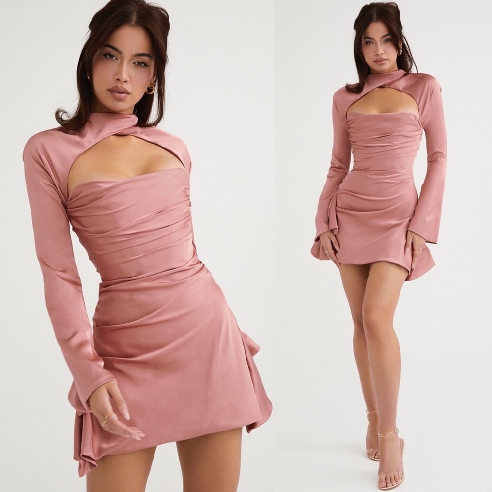 House of CB Toira Long Sleeve Satin Corset Minidress Pink